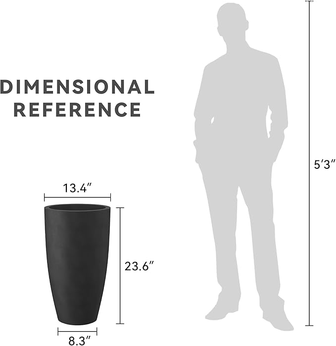 Kante 23.6" H Black Finish Concrete Tall Planters Large Outdoor Indoor Decorative Plant Pots with Drainage Hole and Rubber Plug, Modern Tapered Style for Home and Garden-Ruum Studio Home