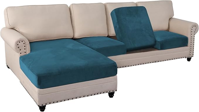 PrinceDeco Sectional Couch Covers 4 Pieces Couch Covers for Sectional Sofa Velvet Separate Sectional Couch Covers L Shape for Left/Right Chaise Sectional Couch(3 Seater + 1 Chaise,Deep Teal)-Ruum Studio Home