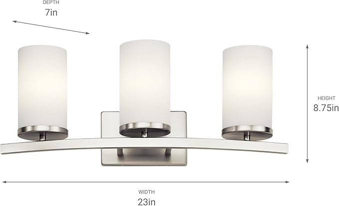 Kichler Crosby 23" Vanity Light in Brushed Nickel, 3-Light Contemporary Bathroom Light with Satin Etched Cased Opal Glass, (23" L x 8.75" H), 45497NI-Ruum Studio Home