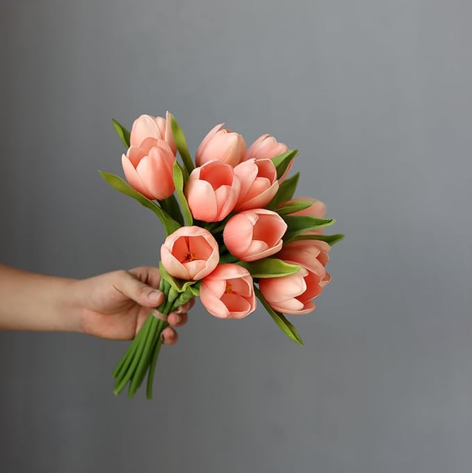 Buart Coral Pink Flowers Artificial Luxury Big Tulip Valentine's Day Mother's Day Easter Home Kitchen Wedding Decorations(11pcs)-Ruum Studio Home