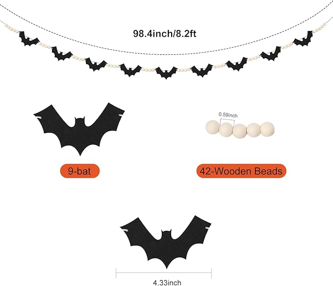 2 Packs Halloween Decorations Garland, Felt Bats Halloween Decor Banner with Wood Beads for Fireplace Mantel Fireplace Home Indoor-Ruum Studio Home