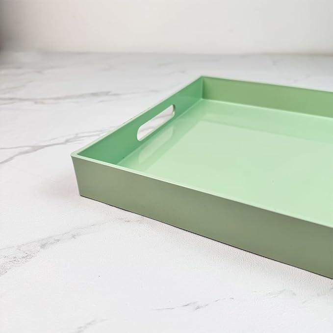 Turquoise Green Decorative Tray, Rectangular Large Serving Tray with Handles, Plastic Coffee Table Tray for Ottoman, Living Room, Kitchen Tabletop,15.7” x 11.8” x1.6”-Ruum Studio Home