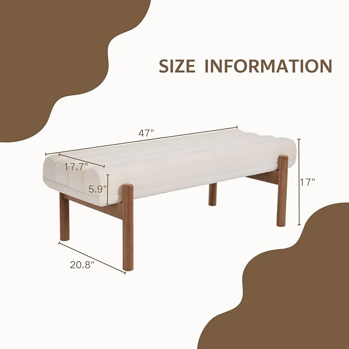 White Modern Bench Upholstered End of Bed Bench Chenille Fabric Bedroom Bench for Entryway Living Room Vanity Makeup Room, 47" Long, Wooden Legs-Ruum Studio Home