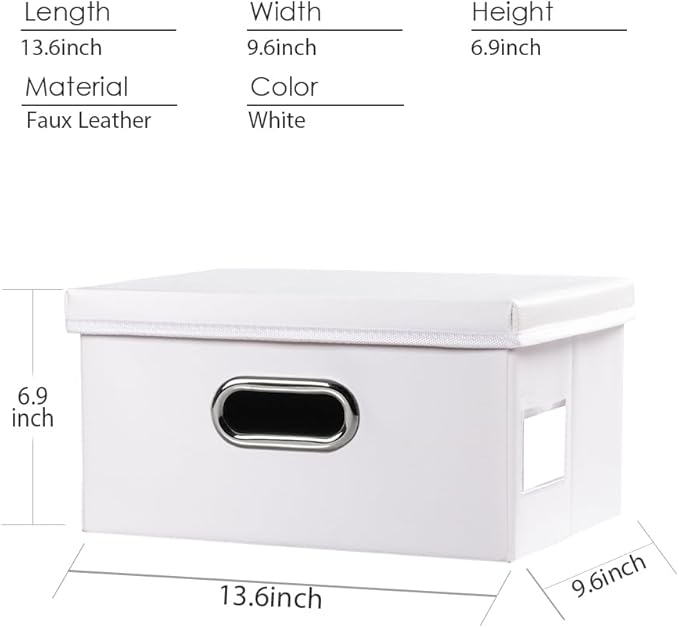 PRANDOM Collapsible Storage Box with Lid [1-Pack] Leather Fabric Foldable Storage Bin Organizer Container Basket Cube with Cover for Home Bedroom Closet Office Nursery White (13.6x9.6x6.9)-Ruum Studio Home
