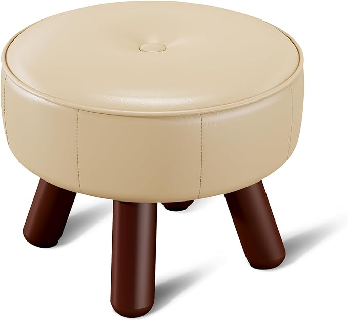 Small Foot Stool 13in, Round Faux Leaher Ottoman Foot Rest for Living Room, Under Desk Footstool Foot Rest with Non-Skid Rubber Legs for Bedroom, Entryway, 13''L x 13''W x 10.2''H, White-Ruum Studio Home