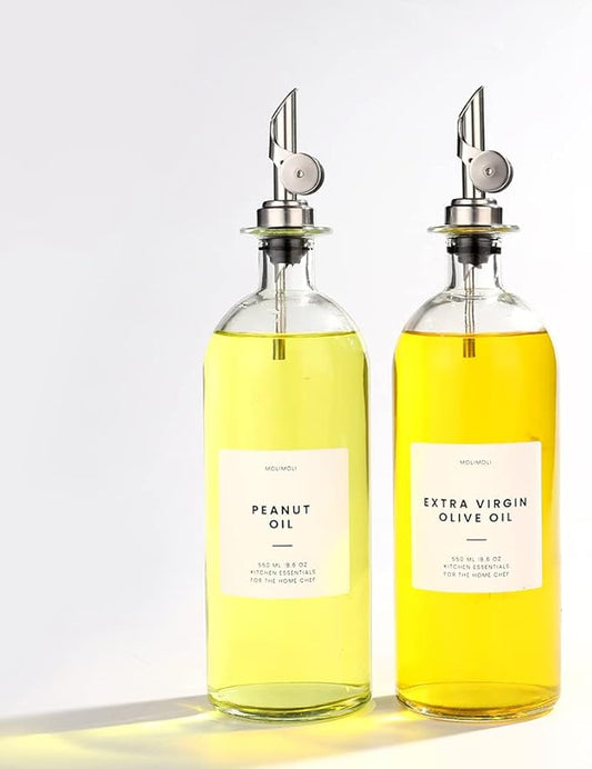 Molimoli Oil and Vinegar Dispenser with Metal Pour Spout, Weighted Pourer, Glass Bottle Dispenser for Kitchen, Olive Oil Cruet, Glass Olive Oil Bottle | 500ml, Set of 2-Ruum Studio Home