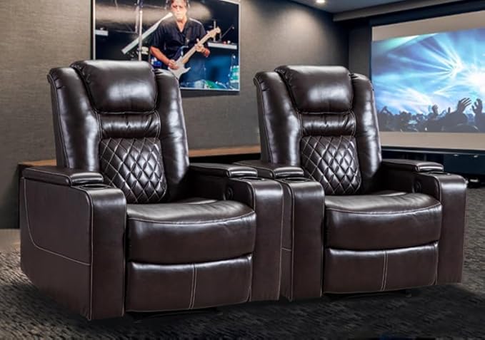 CANMOV Electric Power Recliner Chair Set of 2, Breathable Leather Home Theater Seating with Hidden Arm Storage, Power Recliner Chair for Living Room with USB Ports and Cup Holders,Brown-Ruum Studio Home
