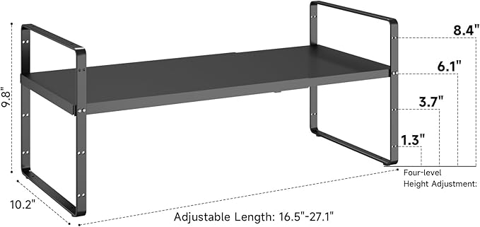 16.5~27.1" Expandable Shelf Organizer, 2Pack 10.2" Wide Stackable Cabinet Shelf Organizers, Black Metal Sturdy Kitchen Counter Storage for Countertop, Adjustable Height Spice Rack-Ruum Studio Home