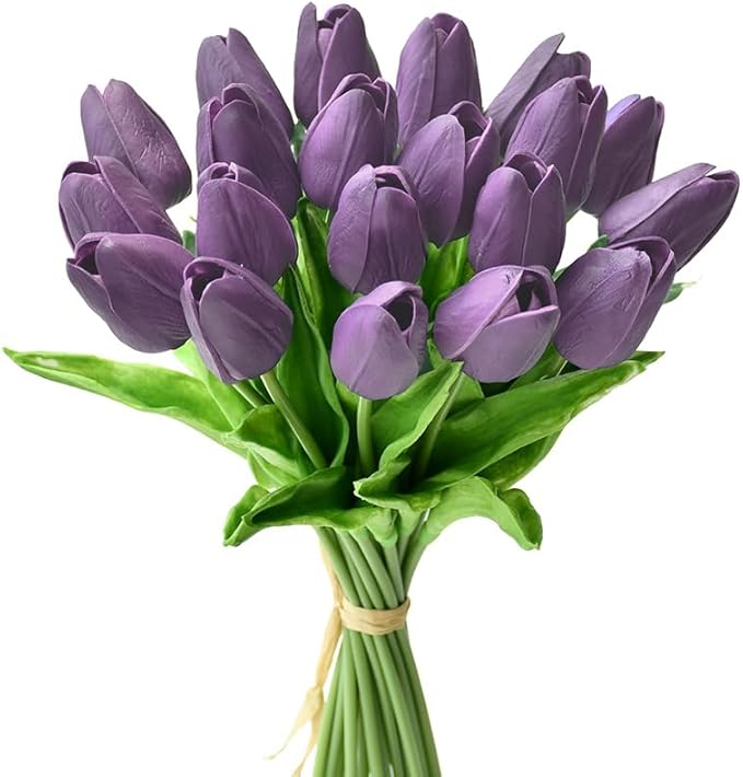 Mandy's Artificial Tulips 20 Stems Purple PU Faux Flowers for Wedding Home Decor 13.5 Inch-Ruum Studio Home