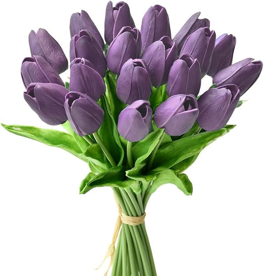Mandy's Artificial Tulips 20 Stems Purple PU Faux Flowers for Wedding Home Decor 13.5 Inch-Ruum Studio Home
