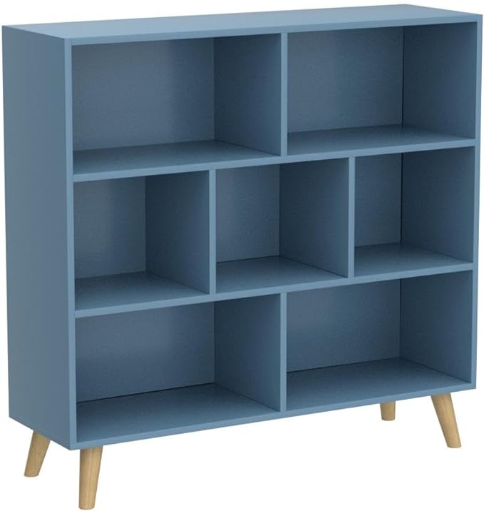 IOTXY Wooden Open Shelf Bookcase - 3-Tier Floor Standing Display Cabinet Rack with Legs, 7 Cubes Bookshelf, Bright Blue-Ruum Studio Home