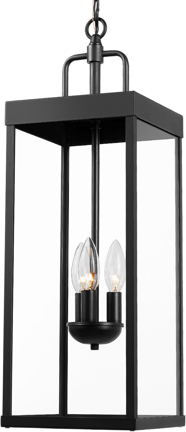 Large Outdoor Pendant Lantern Light Fixture for Front Porch, 24 Inch 3-Light Black Exterior Hanging Chandelier with Clear Glass, Outdoor Indoor Pendant Lamp for Patio, Gazebo, Entryway, Doorway-Ruum Studio Home