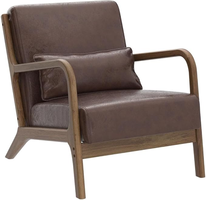 Glitzhome 2 Set Mid Century Coffee Accent Armchair, Single Reading Armchair PU Leather Lounge Chair with Walnut Ruberwood Frame-Ruum Studio Home