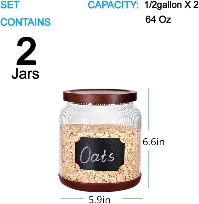SAIOOL 2-Pack Striped Borosilicate Glass Airtight Canisters - Big mouth Large Capacity, Acacia Wood Lid, Food Storage Jars for Flour, Pasta, Pantry Organization (1/2 Gallon （Striped 2 pack）)-Ruum Studio Home