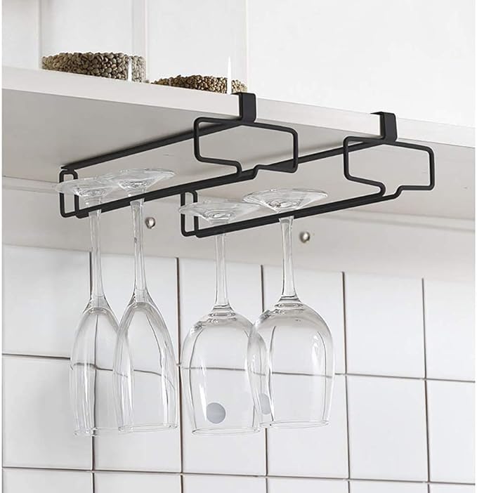 LINFIDITE Wine Glass Holder 2PCS Stemware Rack Hanger Under Cabinet Wine Glass Rack Kitchen Hanging Storage Rack Organizer,Black-Ruum Studio Home