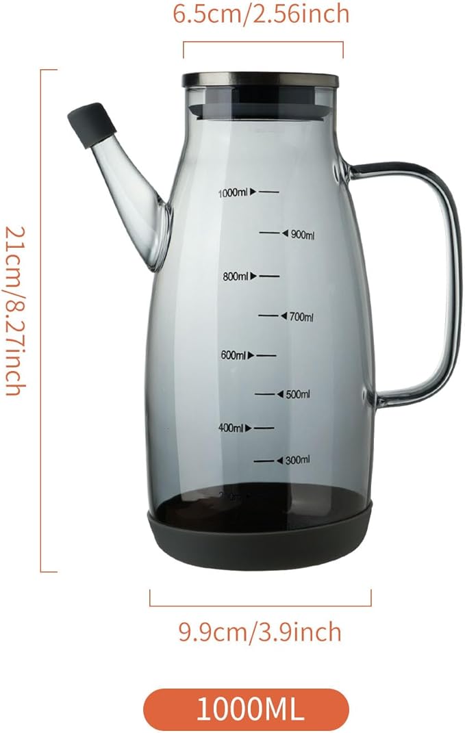 Large Glass Oil Dispenser Bottle for Kitchen Cooking Recipiente Para Aceite De Cocina Olive Oil Vinegar Dispenser Cruet Stainless Steel Lid No Drip Liquid Container (Grey, 34oz /1000ml)-Ruum Studio Home