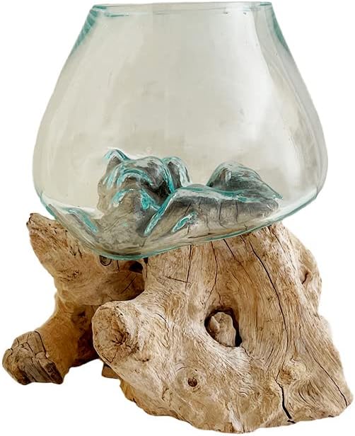 Hand Blown Molten Glass & Teak Wood Terrarium/Vase/Fish Bowl - Premium Quality (7" - 9" High)-Ruum Studio Home