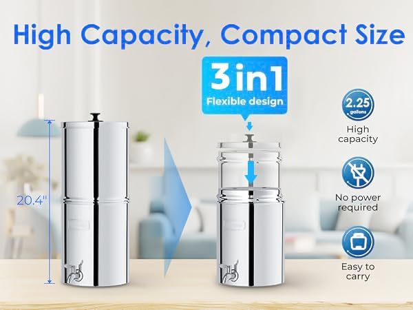 Waterdrop Gravity-fed Water Filter System, Reduces Lead and up to 99% of Chlorine, NSF/ANSI 42&372 Standard, with 2 Black Carbon Filters and Metal Spigot, King Tank Series, WD-TK-A-Ruum Studio Home