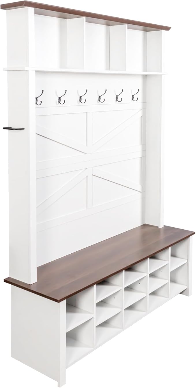 Ball & Cast 4-in-1 Hall Tree with 6 Hooks,Walnut Entryway Bench with Adjustable Shelves,Rustic Shoe Organizer with 16 Open Compartments,for Mudroom,Living Room,Hallway,White-Ruum Studio Home