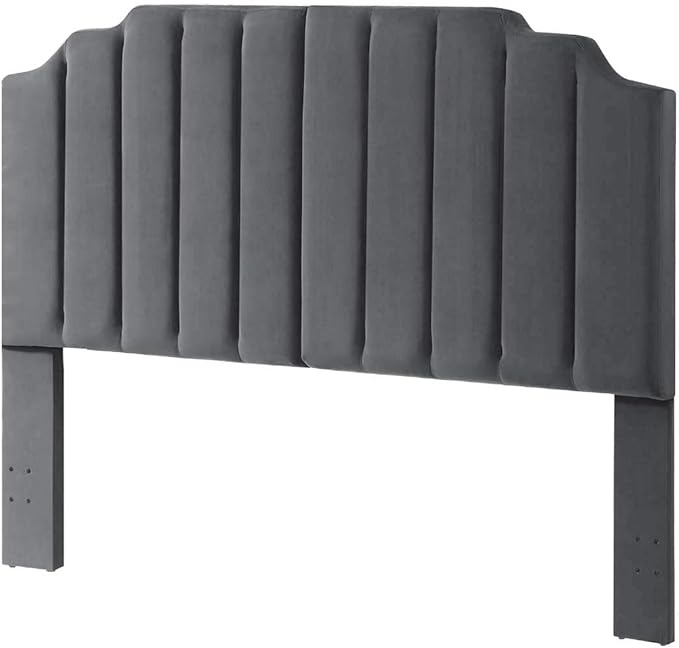 24KF Dark Gray Velvet Tufted King Upholstered Headboard, Modern Vertical Channel Design California King Headboard with Stepped Silhouette Top Edge,Dark Gray-Ruum Studio Home