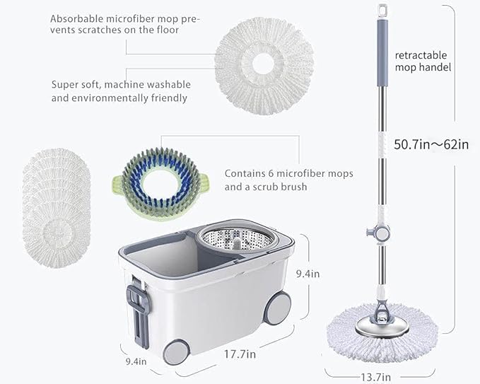 Spin Mop Bucket Deluxe 360 Spinning Floor Cleaning System with 6 Microfiber Replacement Head Refills,62" Extended Handle,4X Wheel for Home Cleaning-Ruum Studio Home
