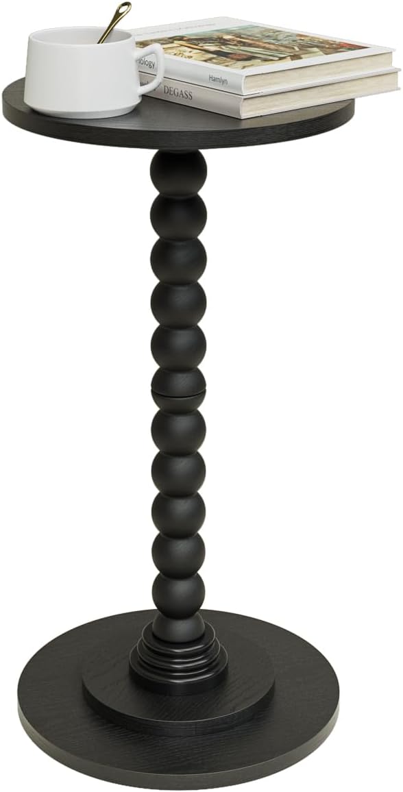 Masupu Round Side Table, Small End Table for Small Spaces, Pedestal Drink Table with Solid Wood Leg for Living Room, Bedroom, Corners(Black)-Ruum Studio Home