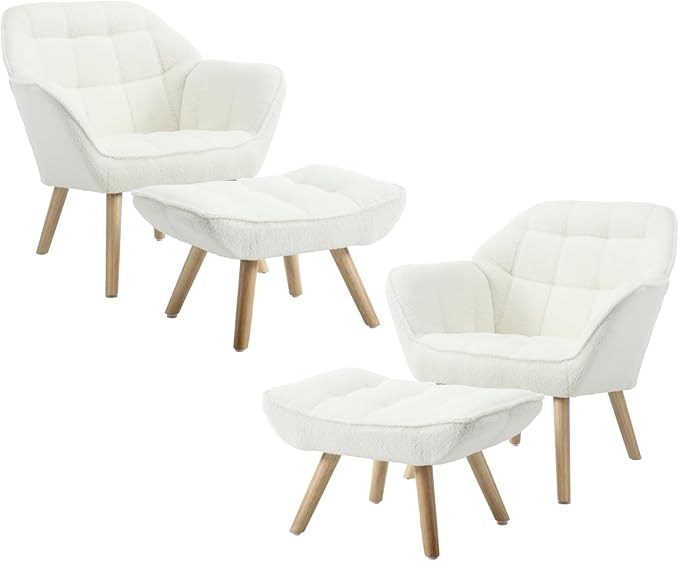 Modern Sherpa Accent Chair with Ottoman Set of 2, Fluffy Upholstered Lounge Chair with Footrest, Comfy Living Room Side Boucle Armchair for Small Space Bedroom, White-Ruum Studio Home
