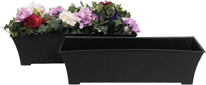 Elly Décor Set of 2 18x8 Rectangular Modern, Resistant and Self Watering Planter with Rattan-Like Finish, 18", Gray-Ruum Studio Home