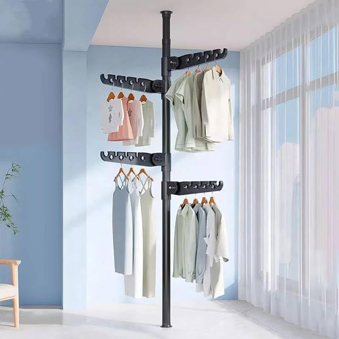 Telescopic Clothes Drying Rack, Floor to Ceiling, 4 Adjustable Arms, 360° Rotating, 43-122 inches, Black-Ruum Studio Home