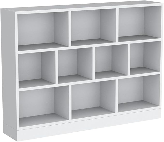 IOTXY Open Shelf Low Bookcase - Wooden 3-Tier Floor Standing Display Cabinet Organizer with Base, 10 Cubes Short Horizontal Bookshelf in Warm White-Ruum Studio Home