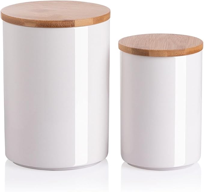 Sweejar Kitchen Ceramic Food Storage Containers Set, Stackable Canisters for Countertop with Airtight Boomboo Lids for Serving Ground Coffee, Tea, Sugar, Salt and More- Set of 2 (White)-Ruum Studio Home