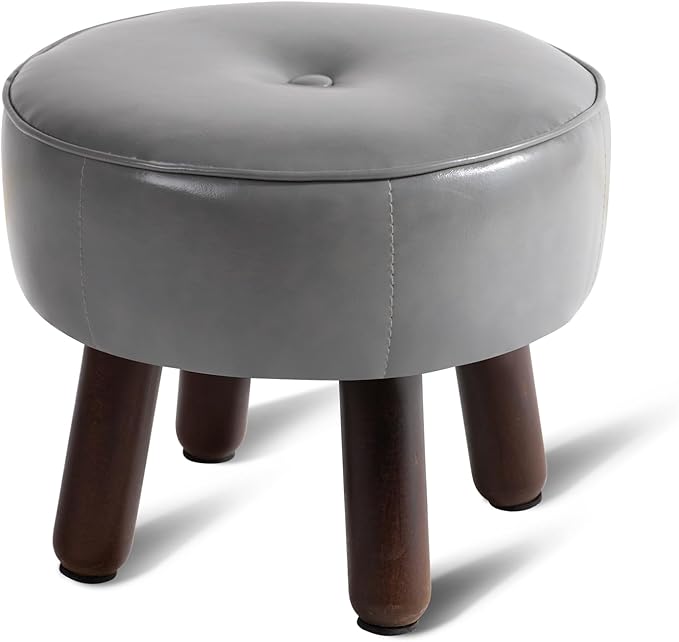 Ottoman, Small Foot Stool, Round Leather Pouf Ottoman, 13''L x 13''W x 10.2''H Foot Rest with Non-Skid Rubber Legs for Living Room Bedroom Couch Entryway, Grey-Ruum Studio Home