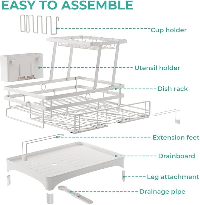 2 Tier Large Dish Drying Rack - Extendable Dish Rack, 2-in-1 Anti-Rust Stainless Steel Dishrack for Kitchen Counter and Sink, Dish Strainer with Utensil Holder & Cup Holder(White)-Ruum Studio Home