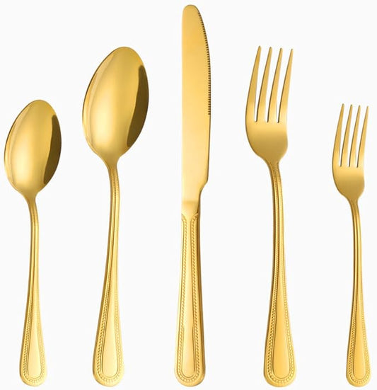 40 Pcs Gold Silverware Set for 8 with Pearled Edge Handle design, Food Grade Stainless Steel Flatware Set, Eating Utensils Sets Include Fork/Knife/Spoon, Reusable Cutlery Set, Dishwasher Safe-Ruum Studio Home