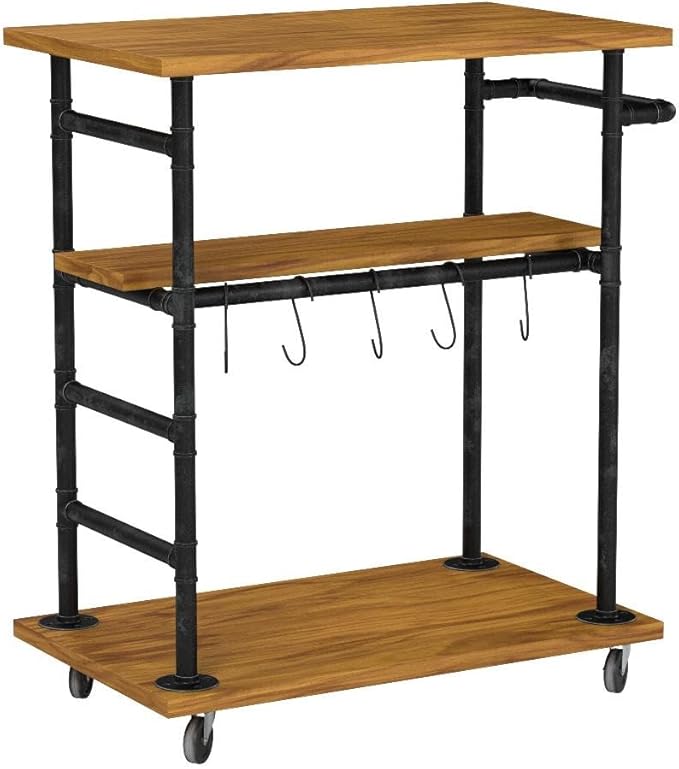 Industrial Portable Kitchen Island on Wheels,Bar Carts for the Home Wine Bar Beverage Coffee Cart,Metal Rolling kitchen carts and islands,Wood and Pipe 3-Tier Butcher Block Island Food Serving Cart-Ruum Studio Home