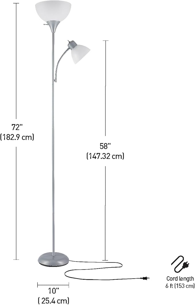 GLOBE Electric 67134 72" Torchiere Floor Lamp and Adjustable Reading Light, Silver, Frosted Shade, Dual Rotary Switch, 3-Step Dimming, Modern Lighting for Living Room or Office, Timeless-Ruum Studio Home