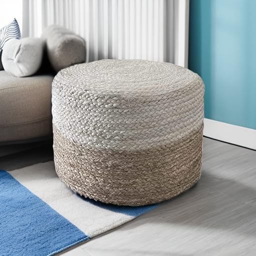 Jute Pouf Ottoman | Footrest Pouf | Hand Braided - Round Boho Pouffe - for Living Room, Bedroom, Nursery (18"x18"x12") Ivory-Ruum Studio Home