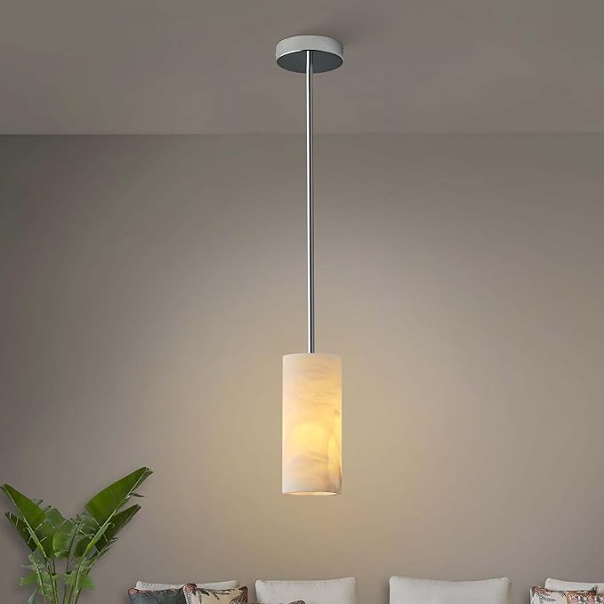 Alabaster Pendant Light Kitchen Island, H-9.5in Nickel Pendant Light Fixtures with Natural Marble Shade, Adjustable Ceiling Pendant for Dining Room, Living Room, Bedroom & Bathroom-Ruum Studio Home