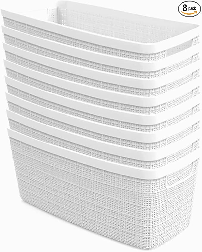 Curver Jute Decorative Plastic Organization and Storage Basket Perfect Bins for Home Office, Closet Shelves, Kitchen Pantry and All Bedroom Essentials, Slim, White, Set of 8-Ruum Studio Home
