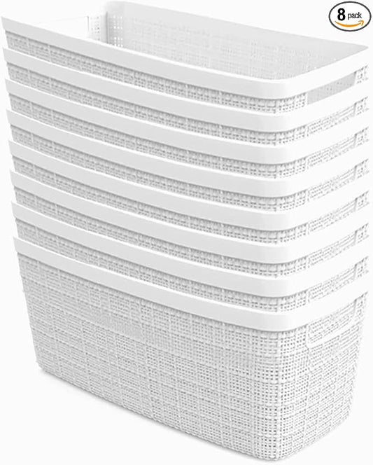 Curver Jute Decorative Plastic Organization and Storage Basket Perfect Bins for Home Office, Closet Shelves, Kitchen Pantry and All Bedroom Essentials, Slim, White, Set of 8-Ruum Studio Home