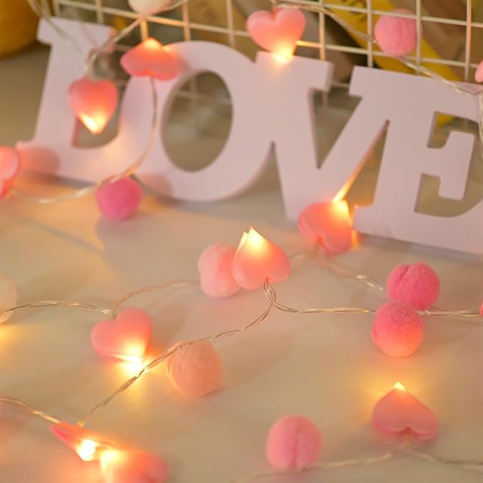9.85Ft String Lights with 20 Pink Heart LEDs 20 Pink Pom Poms Garland Lights with Timer Valentine Decoration for Home Kid Bedroom Mother's Day Wedding Party Valentine's Day Decor-Ruum Studio Home