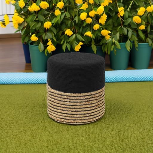 REDEARTH · Cylindrical Pouf Ottoman - Braided Pouffe Accent Sitting Round Footrest for Living Room, Bedroom, Nursery, kidsroom, Patio, Gym; 70% Cotton 30% Jute, (14.5x14.5x16; Black Natural)-Ruum Studio Home