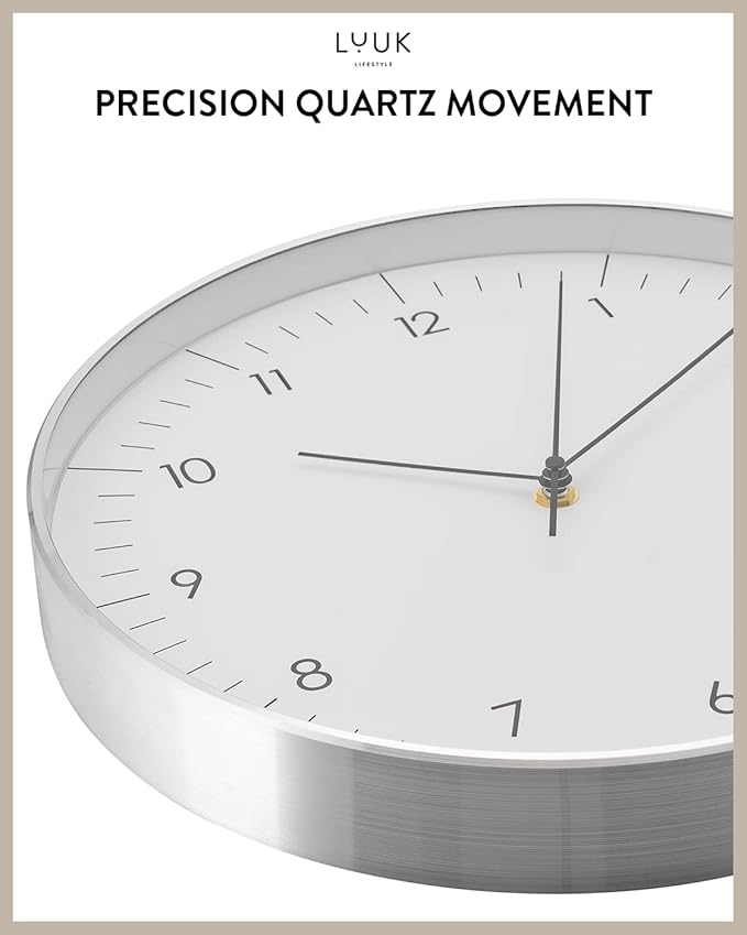 LUUK LIFESTYLE Modern Wall Clock Without Ticking, Pure Minimalist Design, legible Digits, Home Decor for Living Room, Office, in White and Silver-Ruum Studio Home