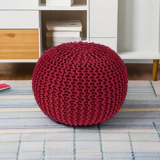 REDEARTH Round Pouf Ottoman - Hand Knitted Cable Boho Poof - Foot Stool Bean Bag - Home Décor Stuffed Footrest for Living Room - Nursery - Bedroom - 100% Cotton Poufs (19.5"x19.5"x14") - Red-Ruum Studio Home
