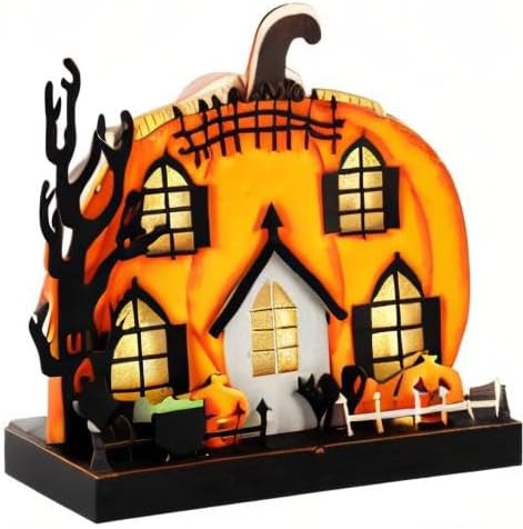 Lulu Home Halloween Tabletop Decoration, Wooden Lighted Pumpkin House Decoration Ornaments, Battery Operated Halloween Sign Indoor Fireplace Desk Kitchen Table Ornament, 9 x 9 x 2.1 INCH-Ruum Studio Home