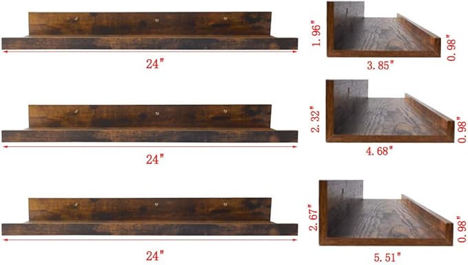 Giftgarden 24 Inch Floating Shelves Wall Mounted Set of 3, Rustic Large Wall Shelves Picture Ledge Shelf for Bedroom Living Room Bathroom Kitchen, 3 Different Sizes-Ruum Studio Home