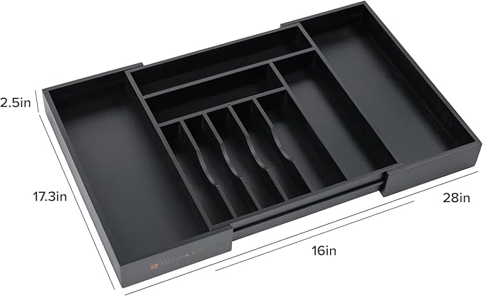 Premium Silverware, Flatware and Utensil Organizer for Kitchen Drawers, Food-Safe Contract Grade, Expandable from 16 to 28 In, Black Bamboo-Ruum Studio Home