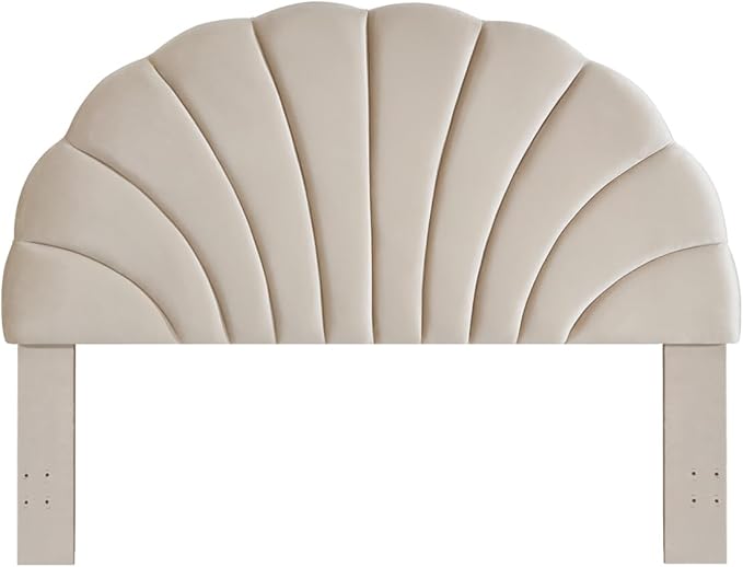 24KF Stunning Crown Design King Headboard, Upholstered Soft Velvet Petal Pattern Headboard King/CA King-Beige-Ruum Studio Home