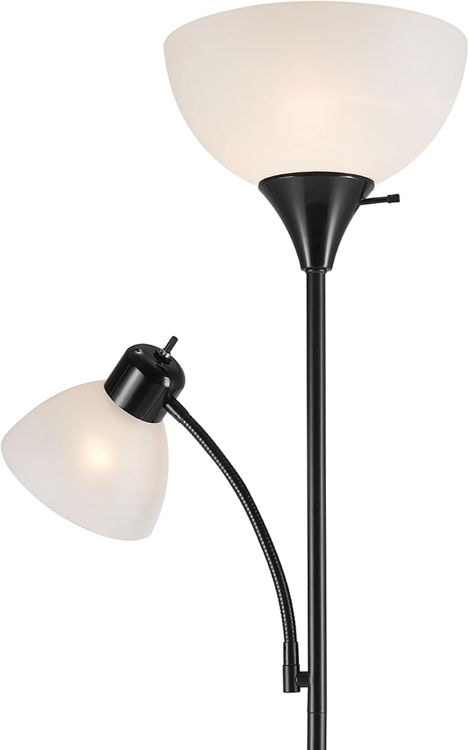 GLOBE Electric 67135 72" Torchiere Floor Lamp and Adjustable Reading Light, Matte Black, Frosted Shade, Dual Rotary Switch, 3-Step Dimming, Modern Lighting for Living Room or Office-Ruum Studio Home