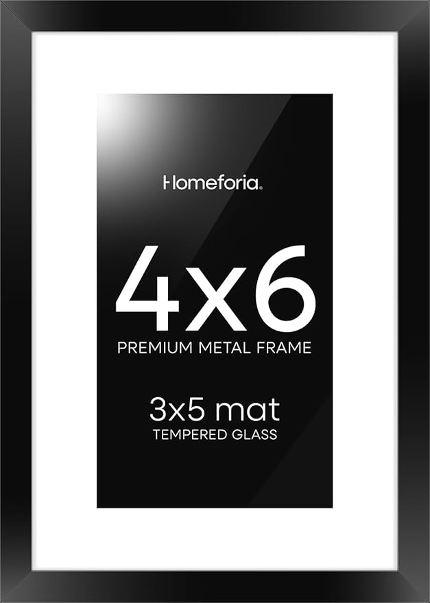 Homeforia 4x6 Picture Frame Black, High End Metal 4 x 6 Black Frames with Mat 3 x 5 for Art, 4x6 Desk Frame Matted to 3x5 inch Photo, 4 by 6 Wall or Tabletop Frames, Tempered Glass, Wall Kit, Set of 1-Ruum Studio Home